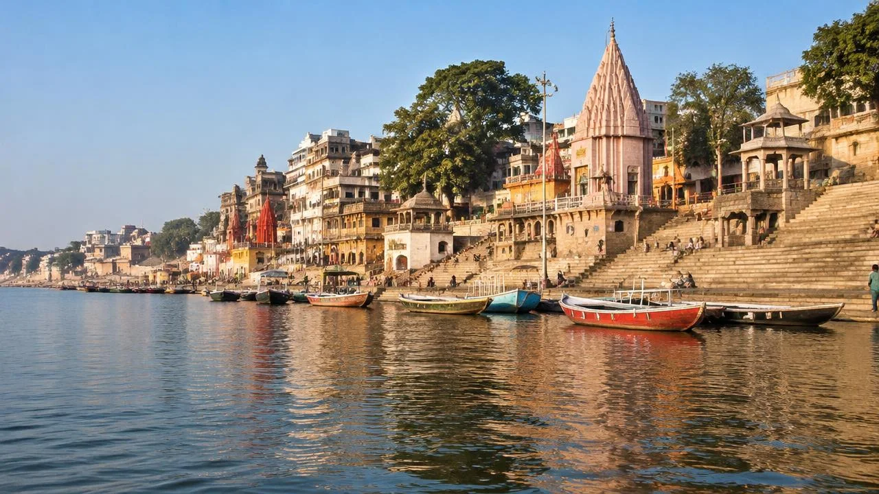Editorial illustration of the Varanasi riverside accompanying the Assi Ghat sightseeing guide